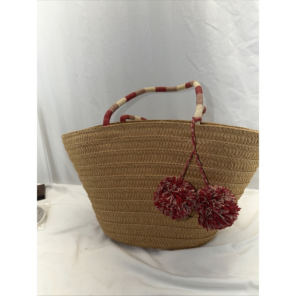 Ann Taylor‎ LOFT Straw Tote Handbag Pom Pom Accent Drawstring Top Beach Bag NWT